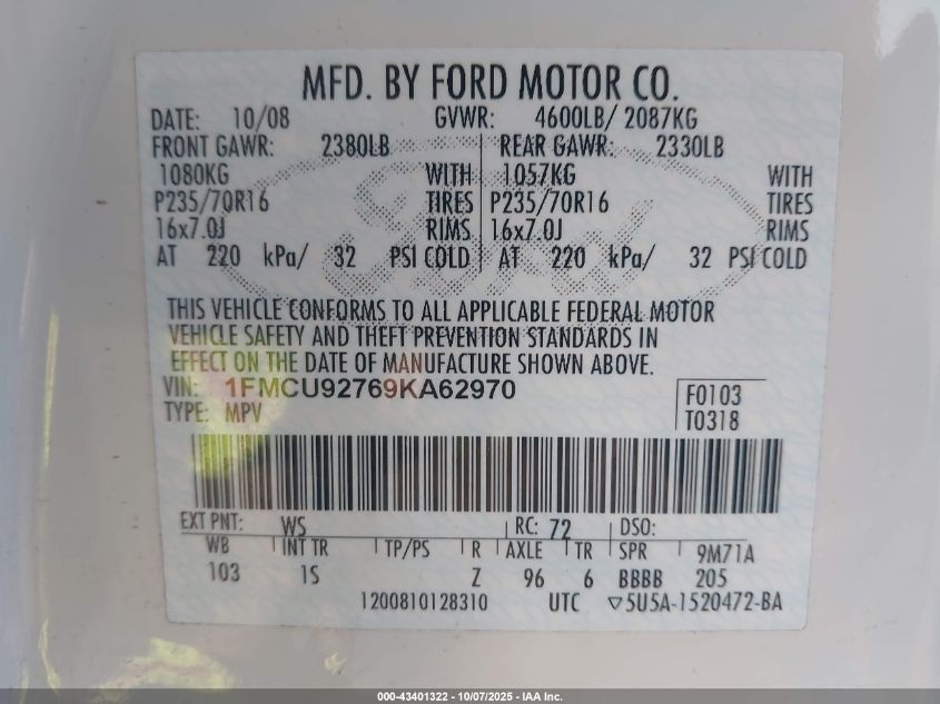 2009 Ford Escape Xls VIN: 1FMCU92769KA62970 Lot: 43401322