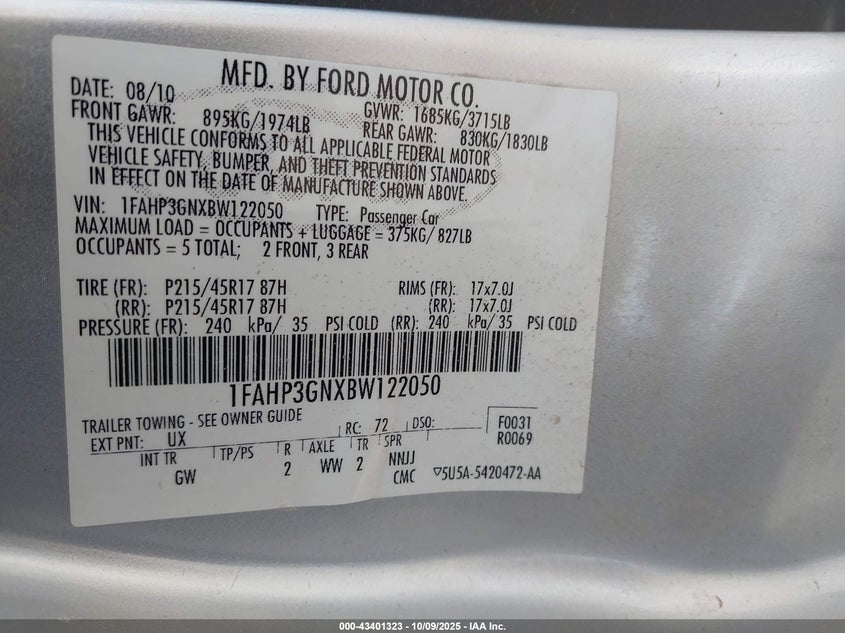 2011 Ford Focus Ses VIN: 1FAHP3GNXBW122050 Lot: 43401323