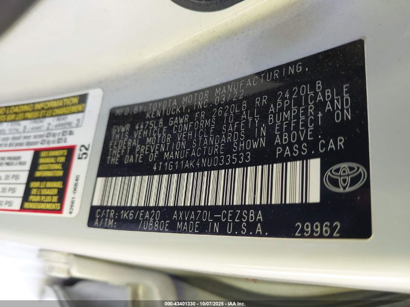 2022 Toyota Camry Se VIN: 4T1G11AK4NU033533 Lot: 43401330
