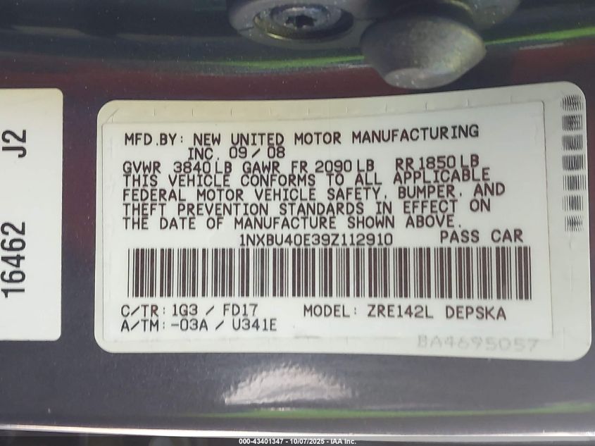 2009 Toyota Corolla S VIN: 1NXBU40E39Z112910 Lot: 43401347