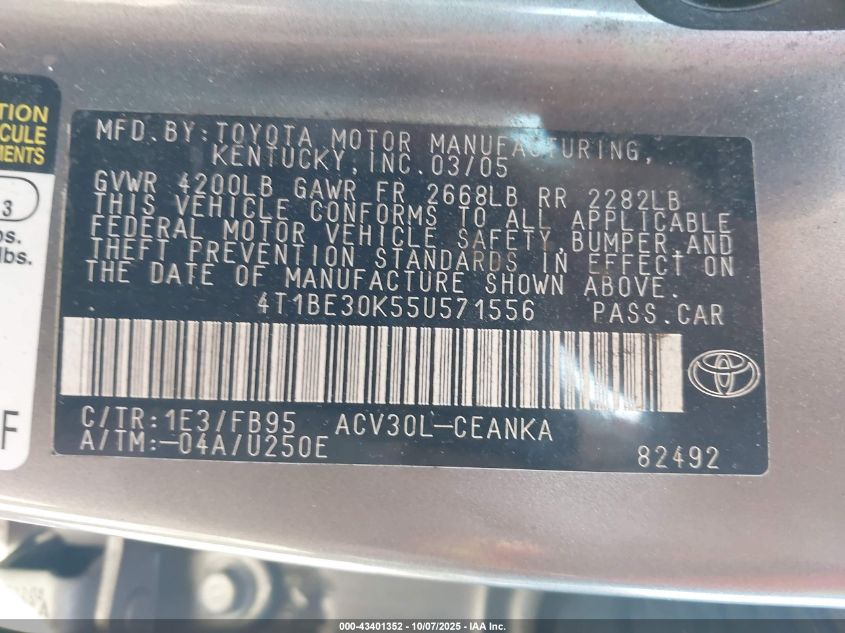 2005 Toyota Camry Le VIN: 4T1BE30K55U571556 Lot: 43401352