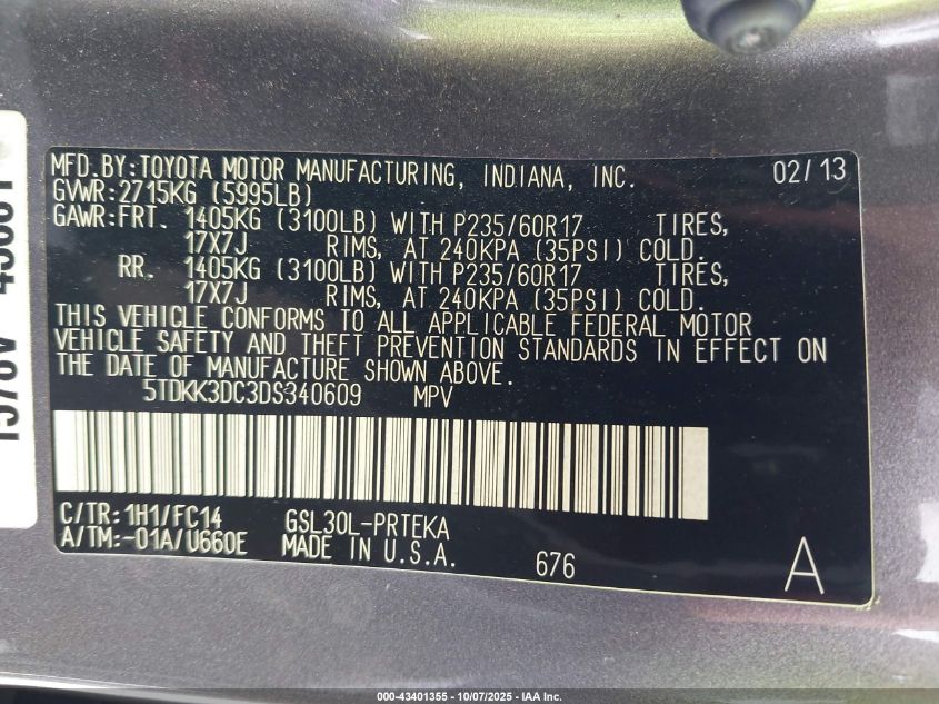 2013 Toyota Sienna Le V6 8 Passenger VIN: 5TDKK3DC3DS340609 Lot: 43401355