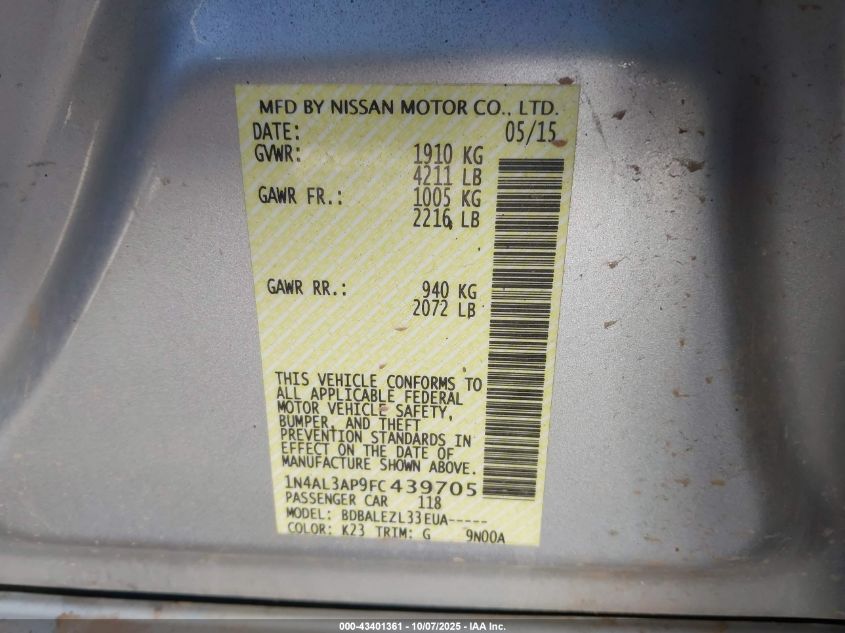 2015 Nissan Altima 2.5/2.5 S/2.5 Sl/2.5 Sv VIN: 1N4AL3AP9FC439705 Lot: 43401361