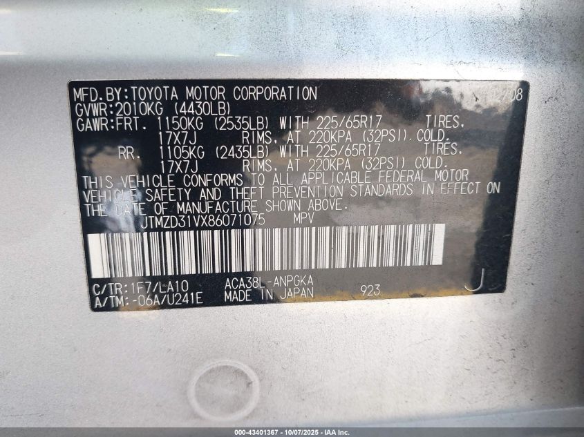 2008 Toyota Rav4 Limited VIN: JTMZD31VX86071075 Lot: 43401367