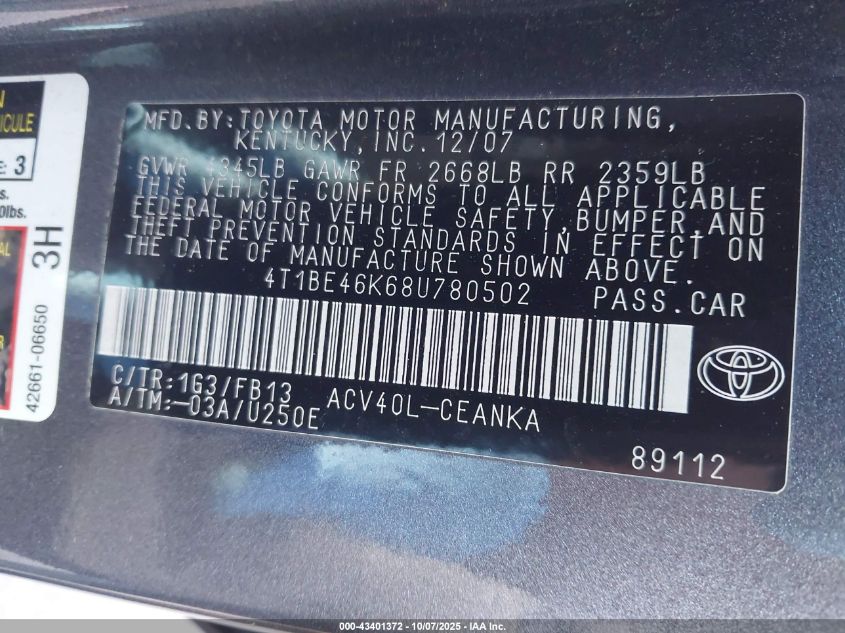 2008 Toyota Camry Le VIN: 4T1BE46K68U780502 Lot: 43401372