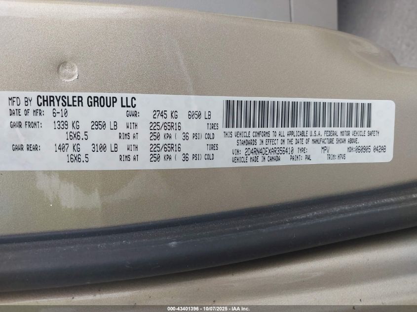 2010 Dodge Grand Caravan Se VIN: 2D4RN4DEXAR356410 Lot: 43401396