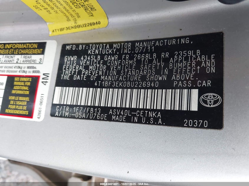 2011 Toyota Camry VIN: 4T1BF3EK0BU226940 Lot: 43401401