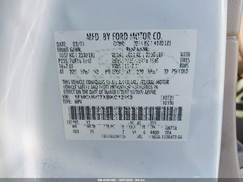 2011 Ford Escape Xls VIN: 1FMCU0C7XBKC12353 Lot: 43401402