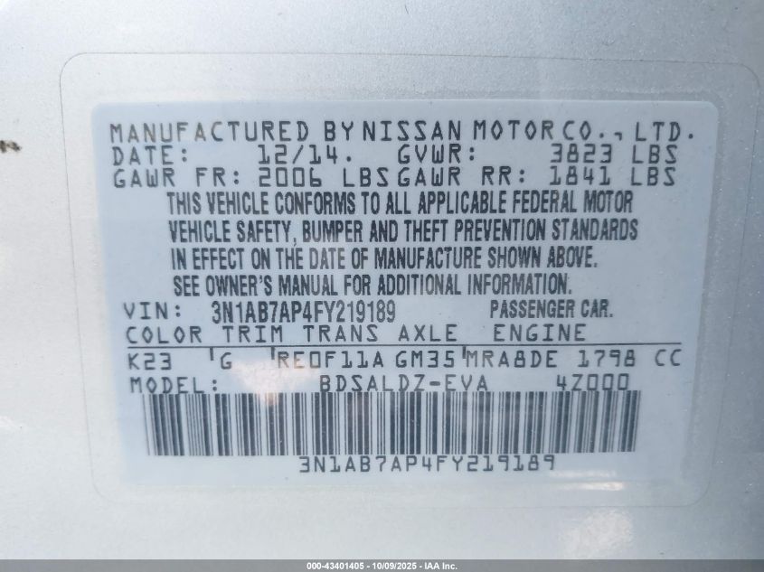 2015 Nissan Sentra Sv VIN: 3N1AB7AP4FY219189 Lot: 43401405