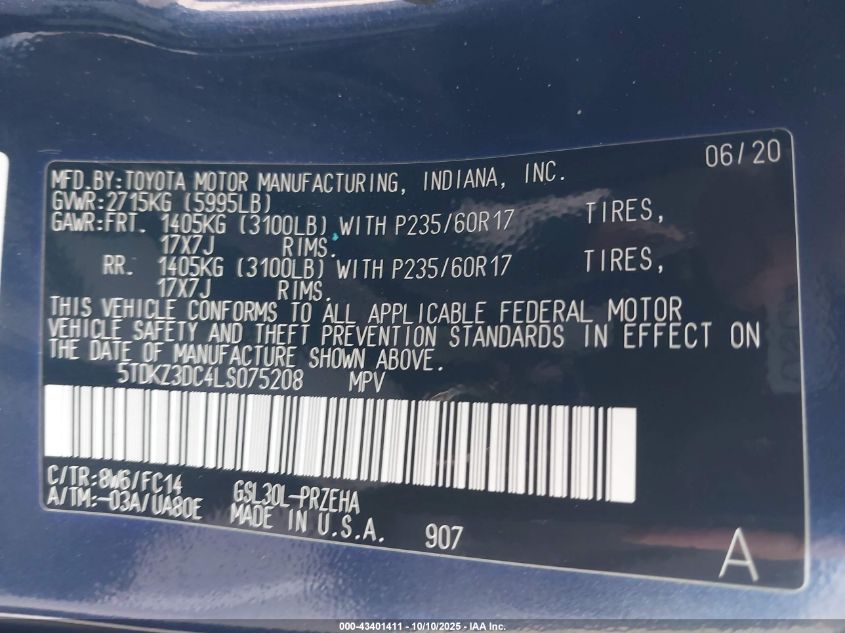 2020 Toyota Sienna Le VIN: 5TDKZ3DC4LS075208 Lot: 43401411