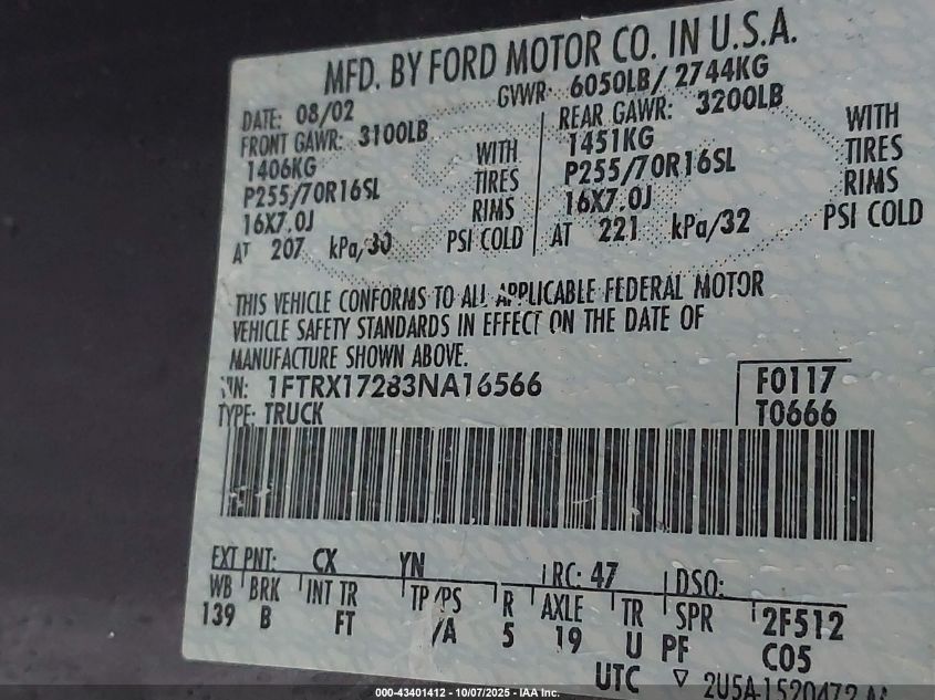 2003 Ford F-150 Xl/Xlt VIN: 1FTRX17283NA16566 Lot: 43401412