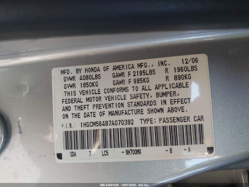 2007 Honda Accord 2.4 Lx VIN: 1HGCM56487A070392 Lot: 43401429