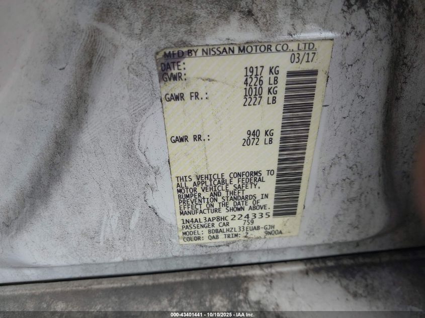 2017 Nissan Altima 2.5 Sr VIN: 1N4AL3AP8HC224335 Lot: 43401441