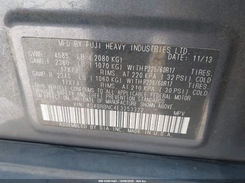 2014 Subaru Outback 2.5I Limited VIN: 4S4BRBNC4E3253322 Lot: 43401443