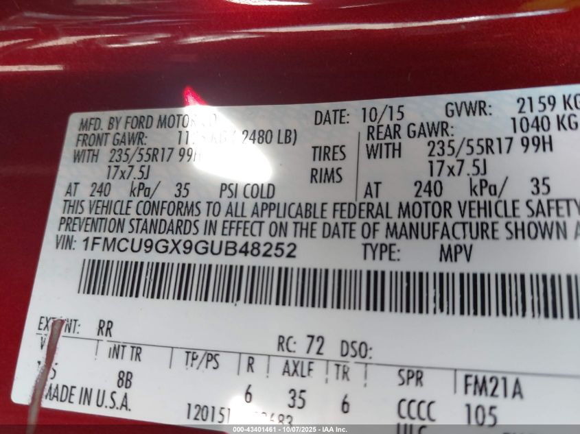 2016 Ford Escape Se VIN: 1FMCU9GX9GUB48252 Lot: 43401461