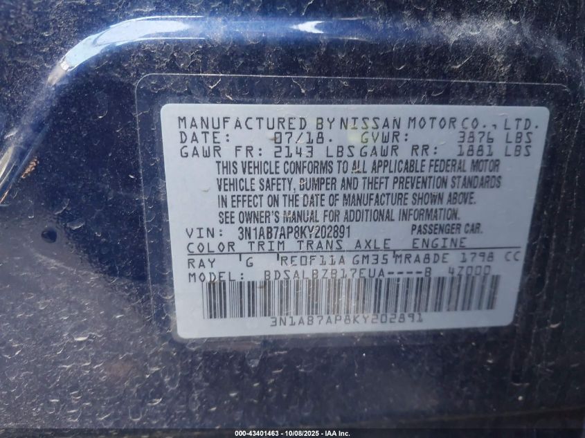 2019 Nissan Sentra S VIN: 3N1AB7AP8KY202891 Lot: 43401463