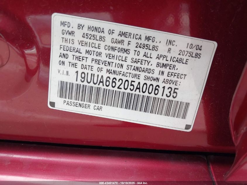 2005 Acura Tl VIN: 19UUA66205A006135 Lot: 43401470