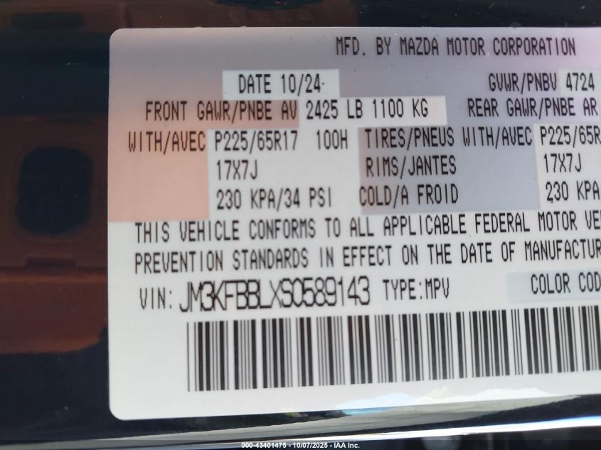 2025 Mazda Cx-5 2.5 S Select VIN: JM3KFBBLXS0589143 Lot: 43401475