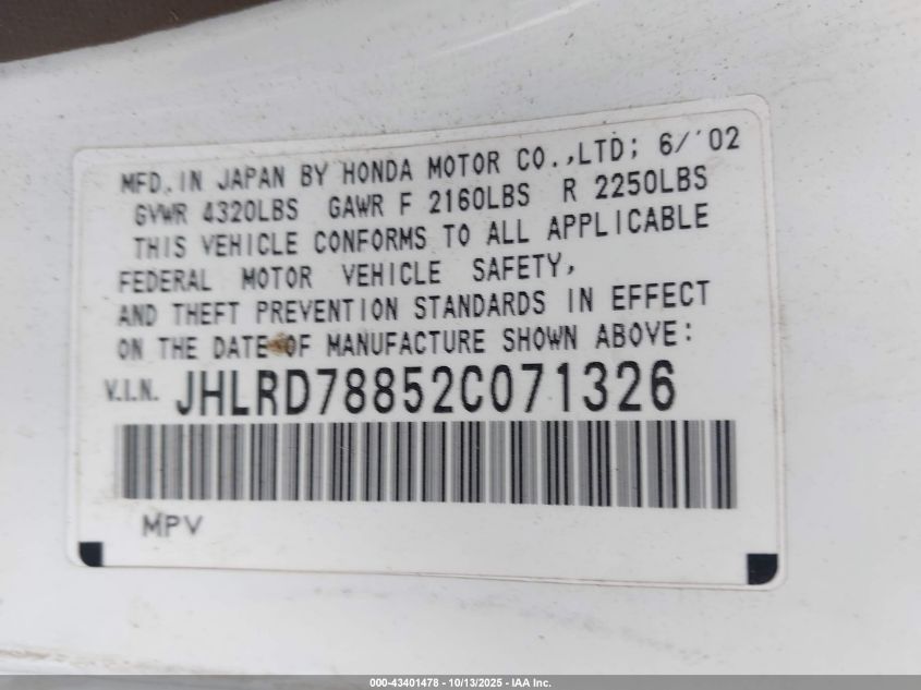 2002 Honda Cr-V Ex VIN: JHLRD78852C071326 Lot: 43401478