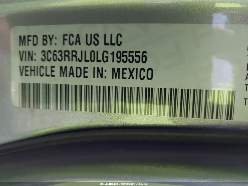2020 Ram 3500 Laramie 4X4 8' Box VIN: 3C63RRJL0LG195556 Lot: 43401481