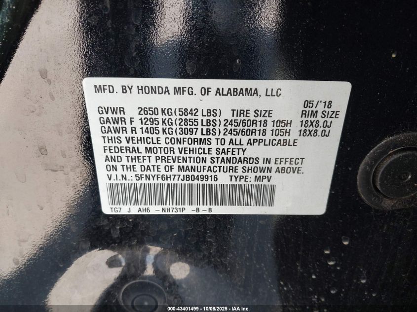 2018 Honda Pilot Ex-L VIN: 5FNYF6H77JB049916 Lot: 43401499