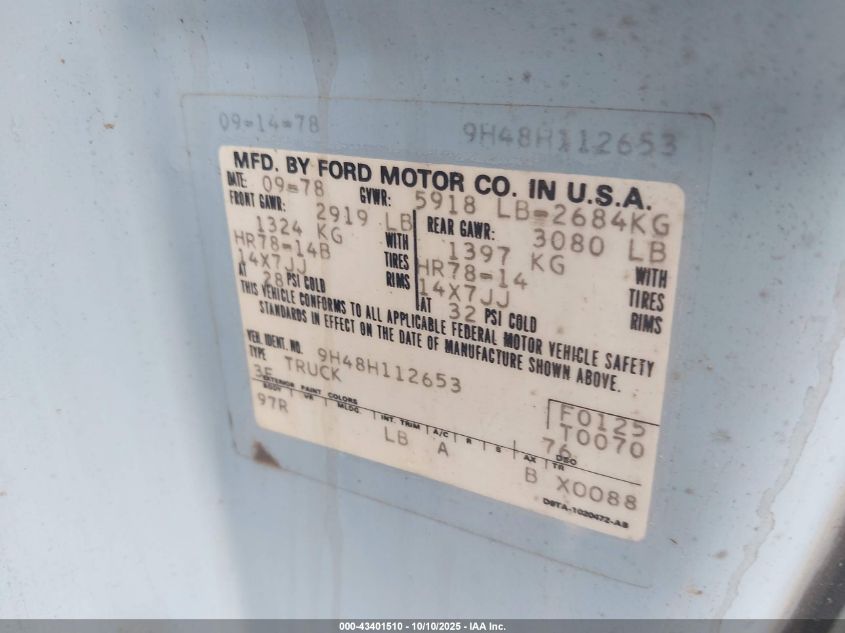 1979 Ford Ranchero VIN: 9H43H112653 Lot: 43401510