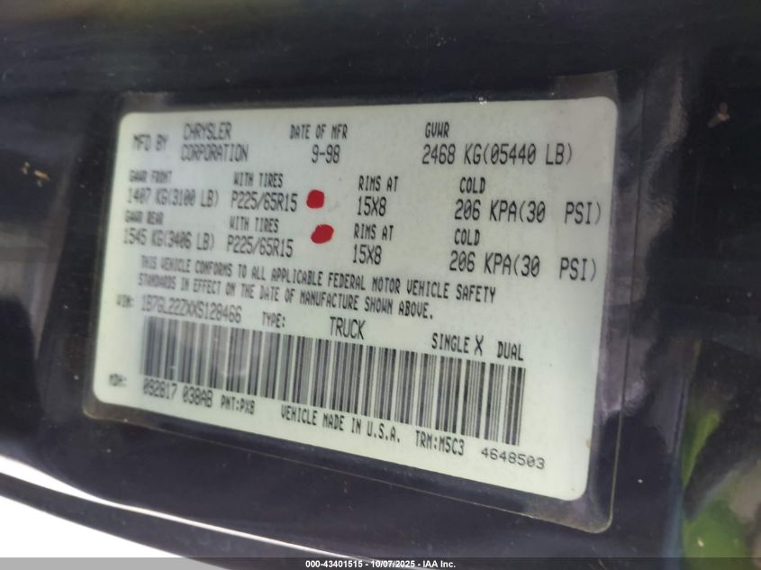 1999 Dodge Dakota Sport VIN: 1B7GL22ZXXS128466 Lot: 43401515