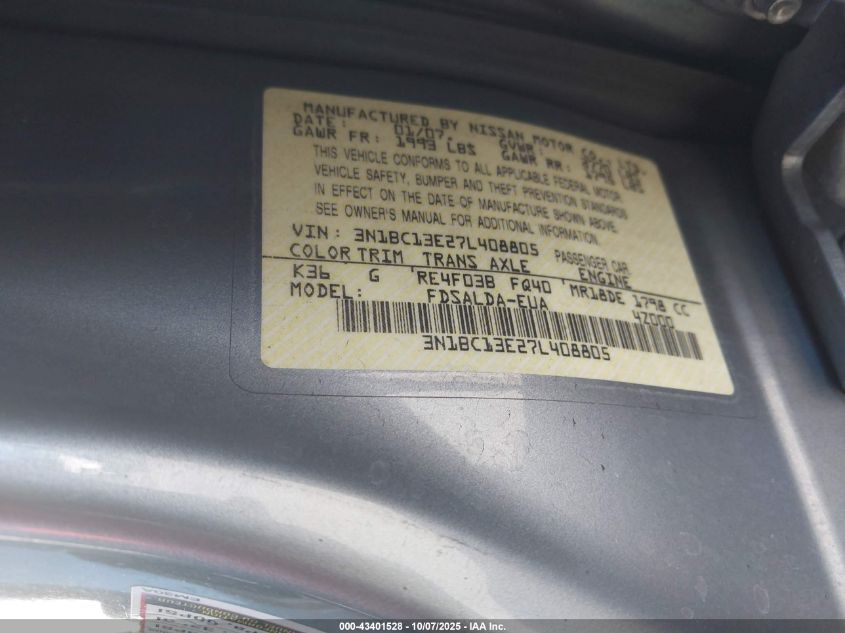 2007 Nissan Versa 1.8S VIN: 3N1BC13E27L408805 Lot: 43401528