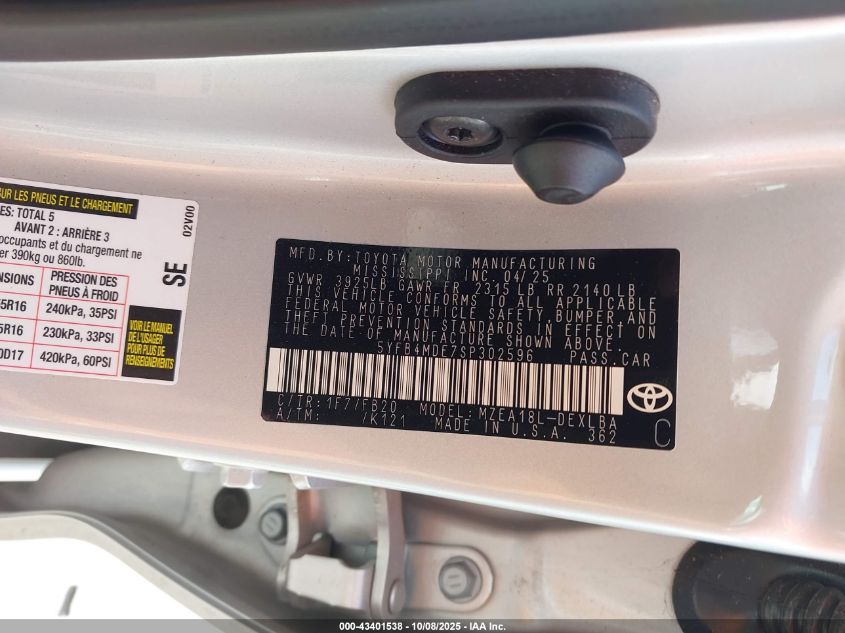 2025 Toyota Corolla Le VIN: 5YFB4MDE7SP302596 Lot: 43401538
