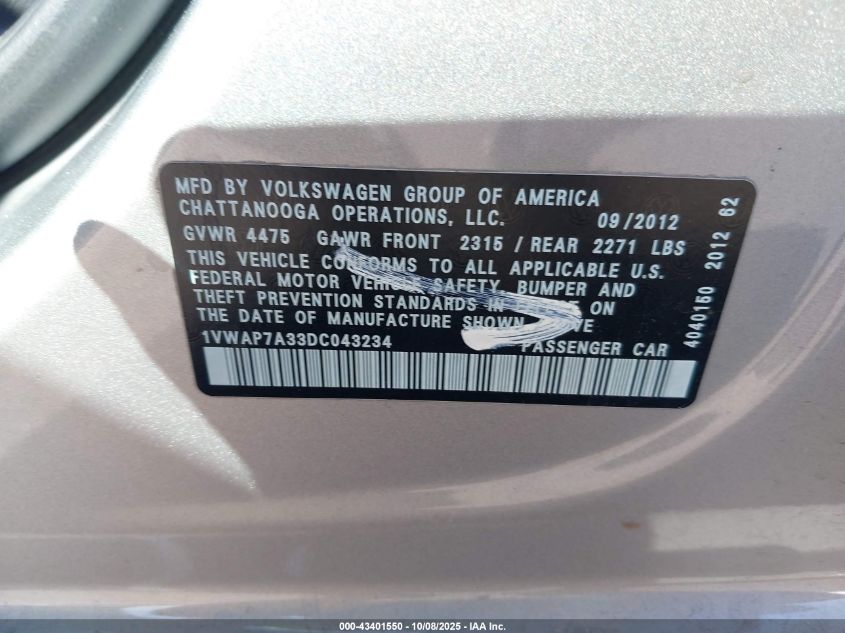 2013 Volkswagen Passat 2.5L S VIN: 1VWAP7A33DC043234 Lot: 43401550
