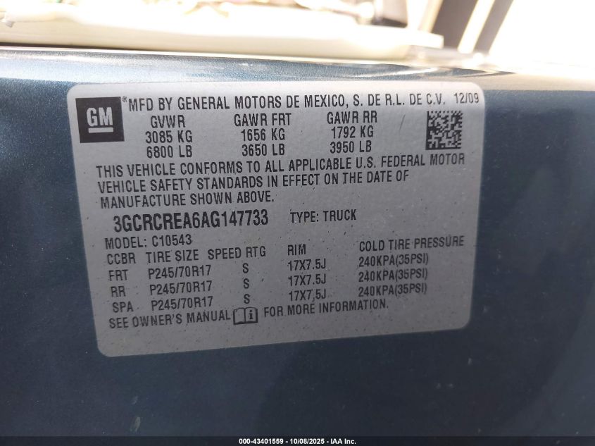2010 Chevrolet Silverado 1500 Ls VIN: 3GCRCREA6AG147733 Lot: 43401559