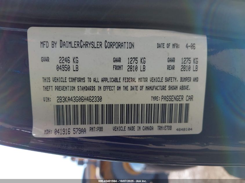 2006 Dodge Charger VIN: 2B3KA43G06H462330 Lot: 43401564