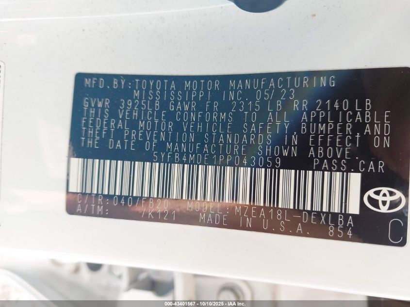 2023 Toyota Corolla Le VIN: 5YFB4MDE1PP043059 Lot: 43401567