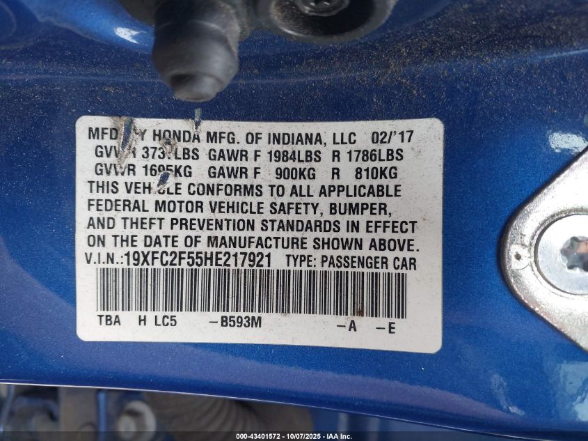 2017 Honda Civic Lx VIN: 19XFC2F55HE217921 Lot: 43401572