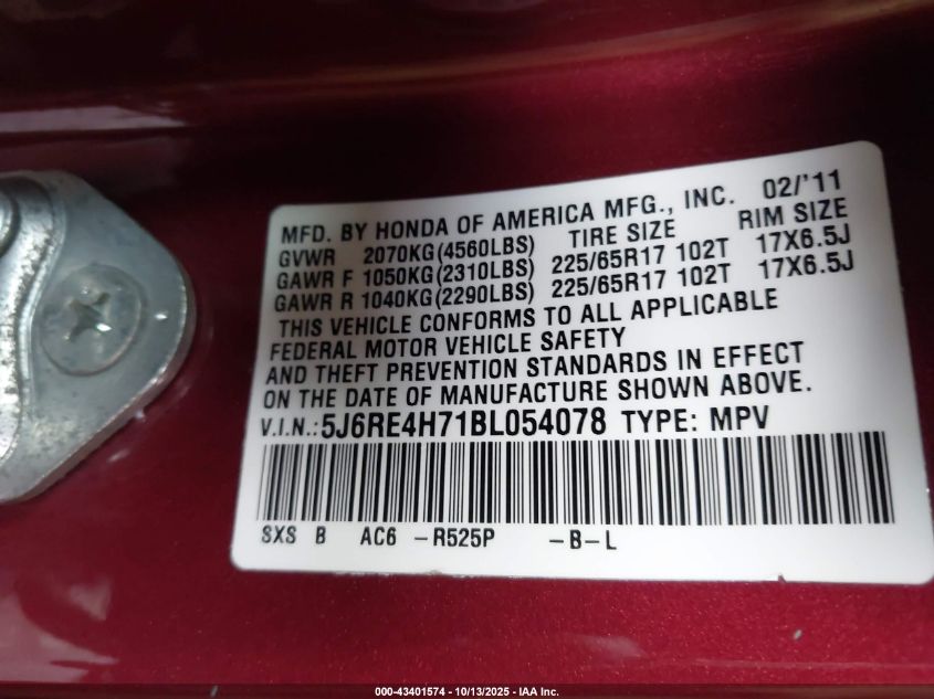 2011 Honda Cr-V Ex-L VIN: 5J6RE4H71BL054078 Lot: 43401574