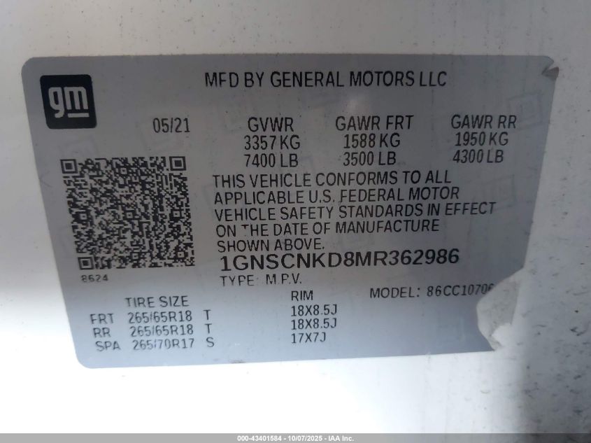 2021 Chevrolet Tahoe 2Wd Lt VIN: 1GNSCNKD8MR362986 Lot: 43401584