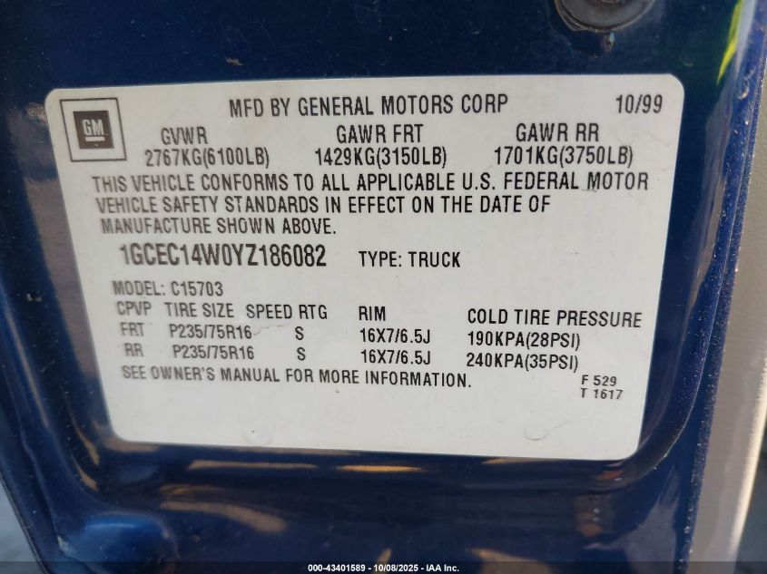 2000 Chevrolet Silverado 1500 Ls VIN: 1GCEC14W0YZ186082 Lot: 43401589