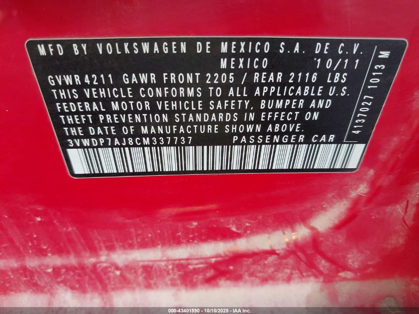 2012 Volkswagen Jetta 2.5L Se VIN: 3VWDP7AJ8CM337737 Lot: 43401590