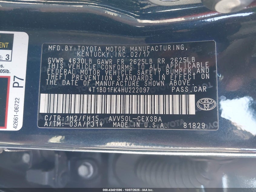 2017 Toyota Camry Hybrid Se VIN: 4T1BD1FK4HU222097 Lot: 43401596