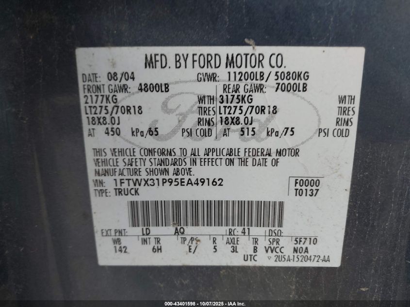 2005 Ford F-350 Lariat/Xl/Xlt VIN: 1FTWX31P95EA49162 Lot: 43401598