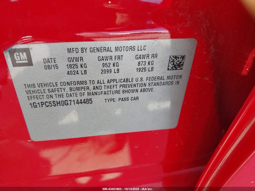 2016 Chevrolet Cruze Limited Ls Auto VIN: 1G1PC5SH0G7144485 Lot: 43401603