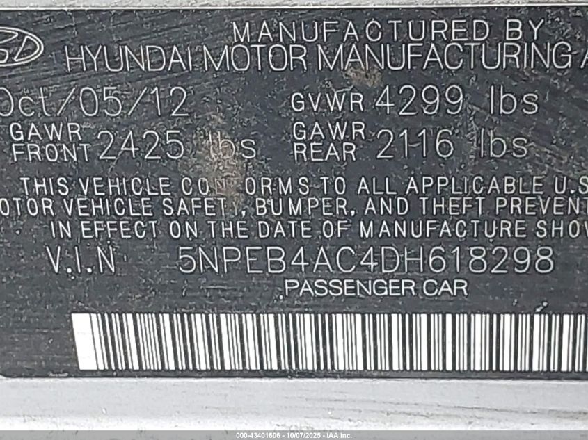 2013 Hyundai Sonata Gls VIN: 5NPEB4AC4DH618298 Lot: 43401606