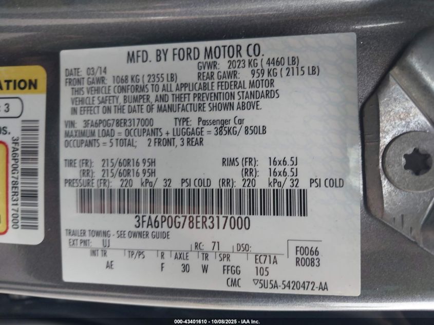 2014 Ford Fusion S VIN: 3FA6P0G78ER317000 Lot: 43401610