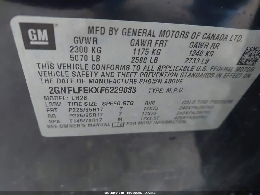 2015 Chevrolet Equinox 1Lt VIN: 2GNFLFEKXF6229033 Lot: 43401619