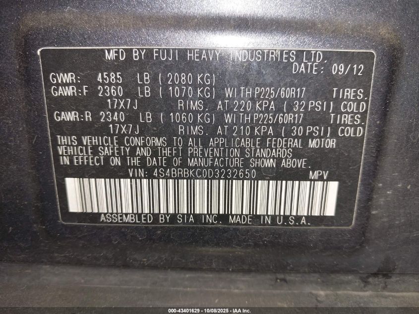 2013 Subaru Outback 2.5I Limited VIN: 4S4BRBKC0D3232650 Lot: 43401629