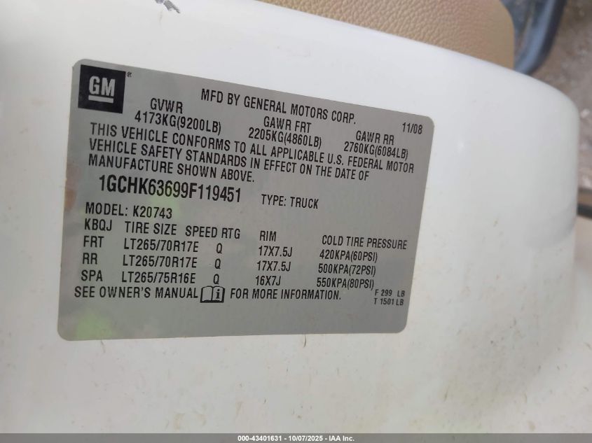 2009 Chevrolet Silverado 2500Hd Ltz VIN: 1GCHK63699F119451 Lot: 43401631
