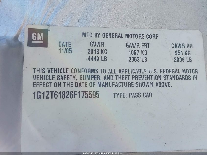 2006 Chevrolet Malibu Maxx Lt VIN: 1G1ZT61826F175595 Lot: 43401633