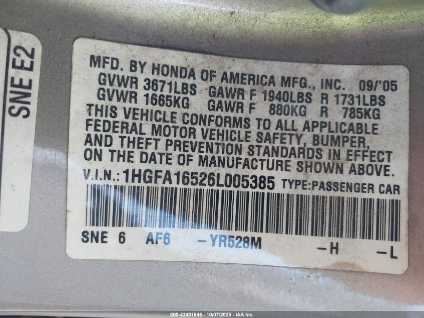 2006 Honda Civic Lx VIN: 1HGFA16526L005385 Lot: 43401646