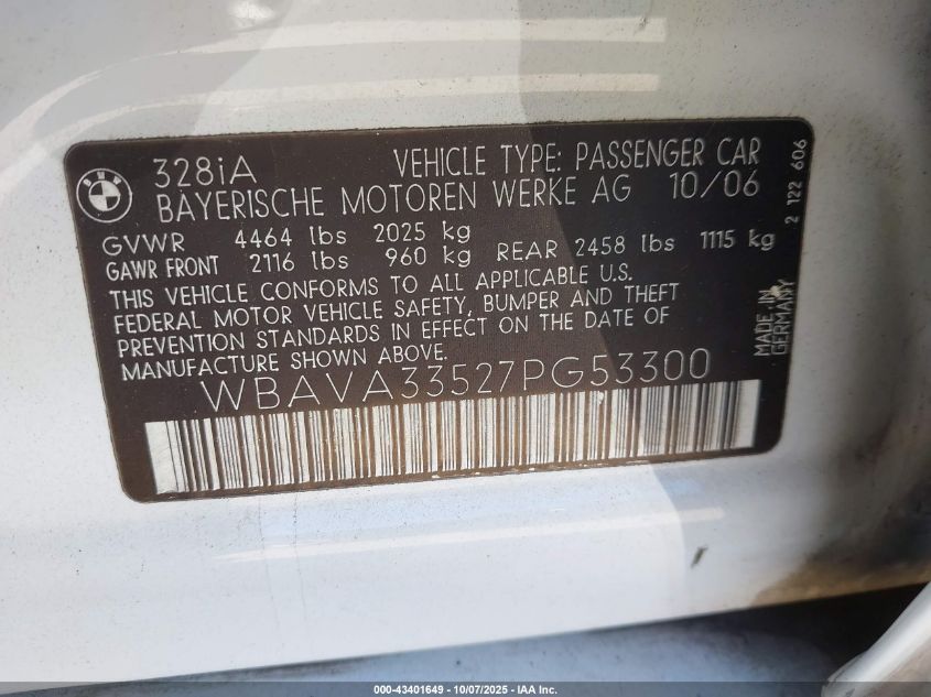 2007 BMW 328I VIN: WBAVA33527PG53300 Lot: 43401649