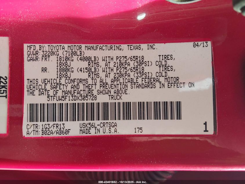 2013 Toyota Tundra Grade 5.7L V8 VIN: 5TFUW5F13DX305728 Lot: 43401652